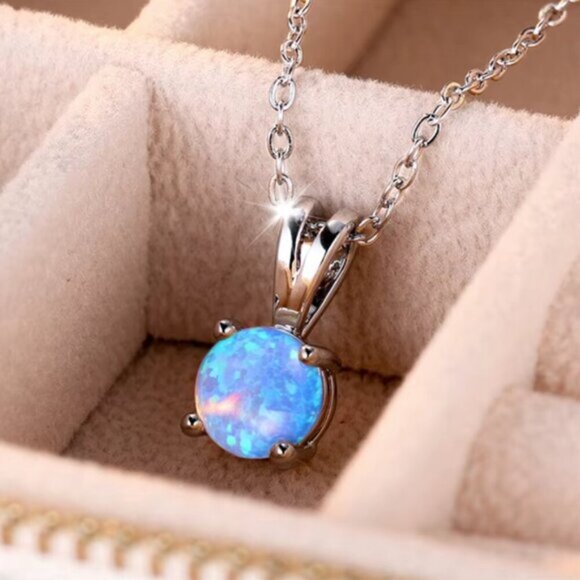 NEW 18k White Gold Blue Fire Opal Necklace Opal Pendant Necklace - Picture 4 of 5